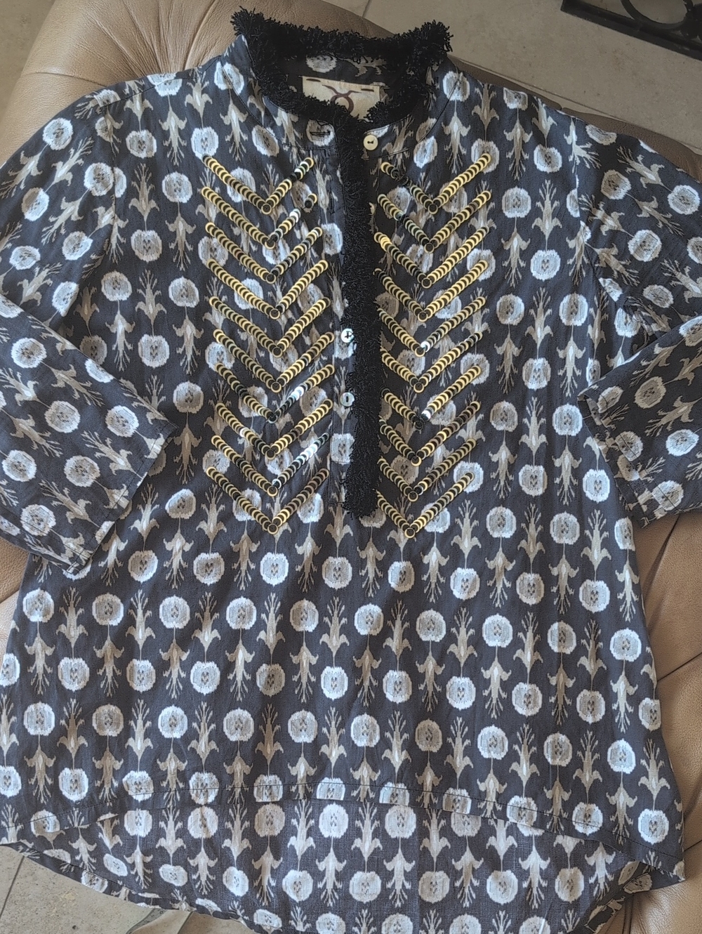 FIGUE Embellished Cotton Black & Gray Floral Print Tunic